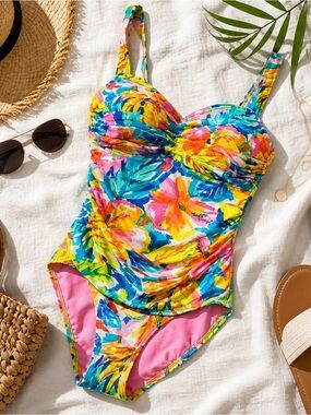Bleu Rod Beattie Ruched Floral One Piece Swimsuit Tummy Control Tropical Resort